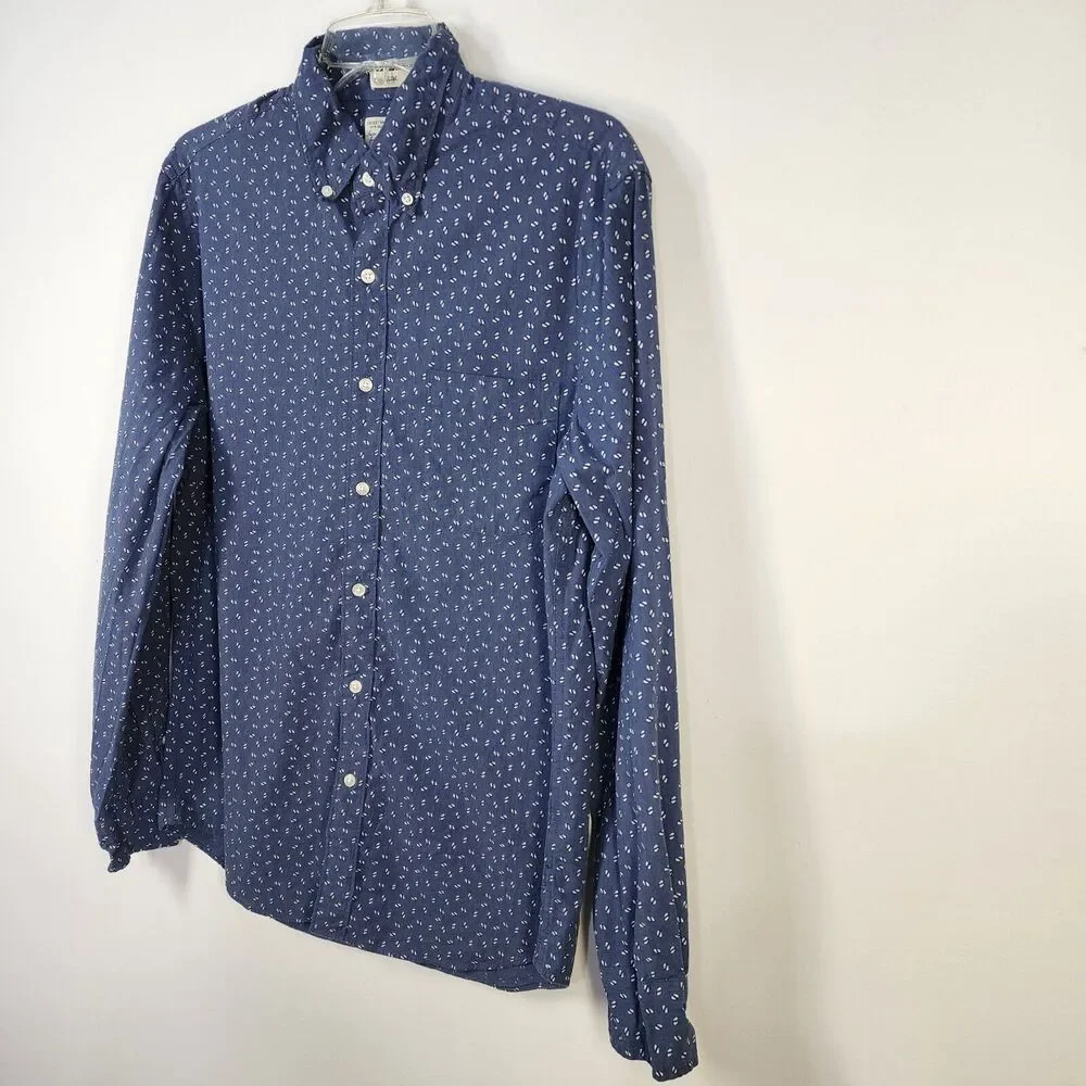 J Crew Secret Wash Shirt Men Medium Blue Organic Cotton Slim Stretch Button Blue